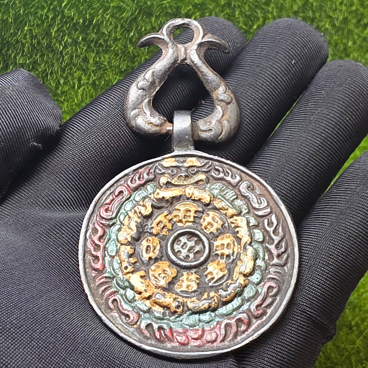 Old Tibetan Silver Nine Palace Bagua + Vajra Pendant