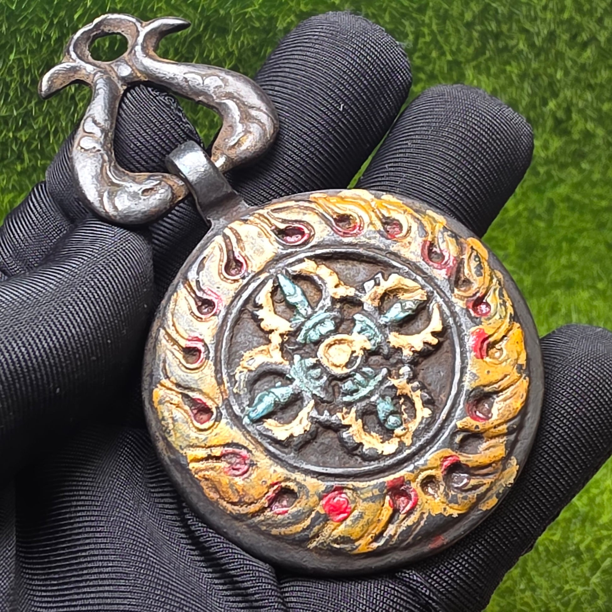 Old Tibetan Silver Nine Palace Bagua + Vajra Pendant